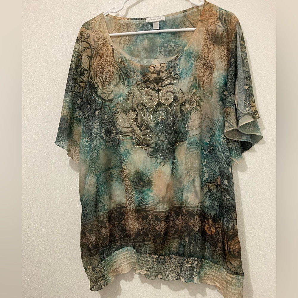 Dress Barn Womens Aztec Embellished Boho Top Short Sleeve Beaded Neck Size 18/20